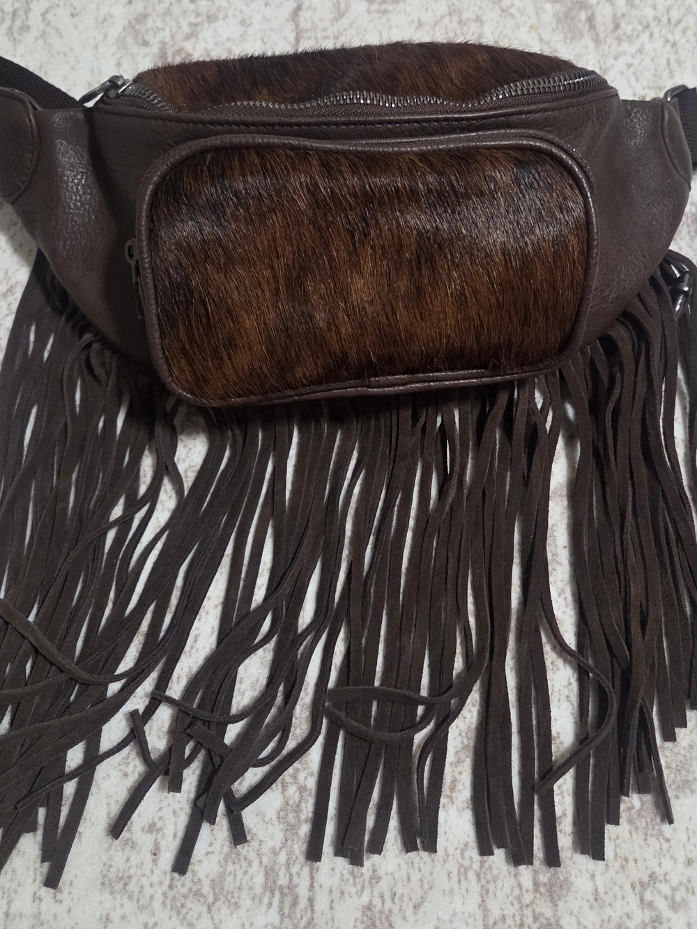 Trinity Ranch Fringed Brown Haircalf Leather Waist Bag